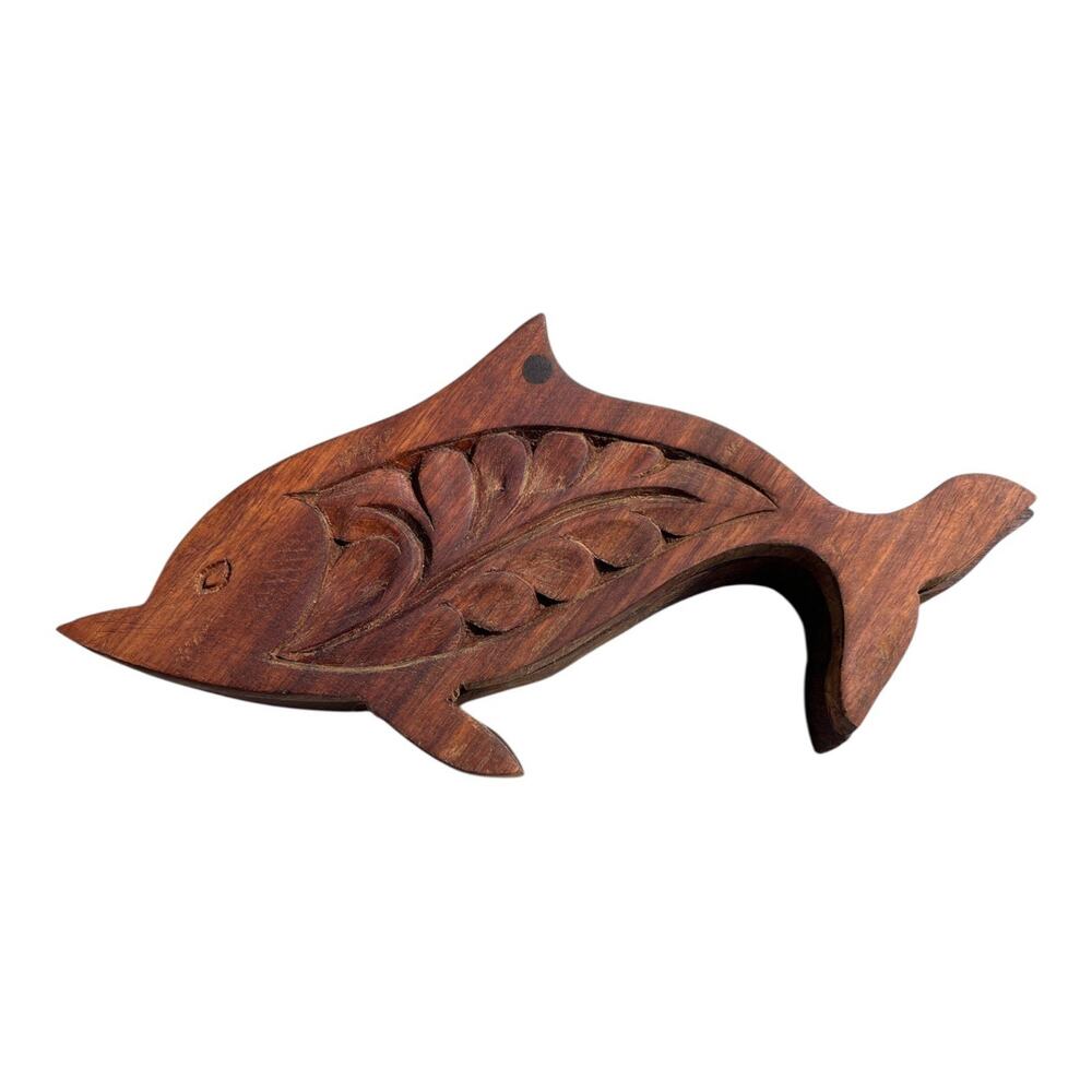 Vintage Hand Carved Wood Dolphin Trinket Box